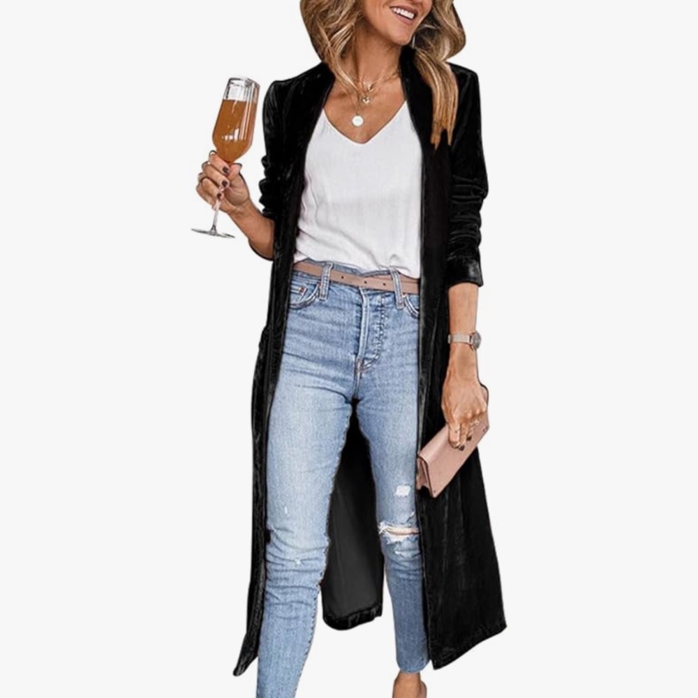 Brand new Black long sleeved duster length velvet jacket